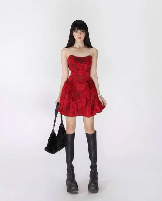 Scarlet Bloom Strapless Mini Dress